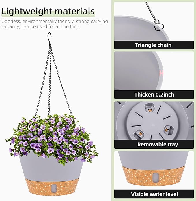 QCQHDU 2 Pack Hanging Planters for Indoor Outdoor Plants, 8 Inch Hanging Baskets Flower Pots with Reservoir Tray & Visible Water-Level-Ruum Studio Home