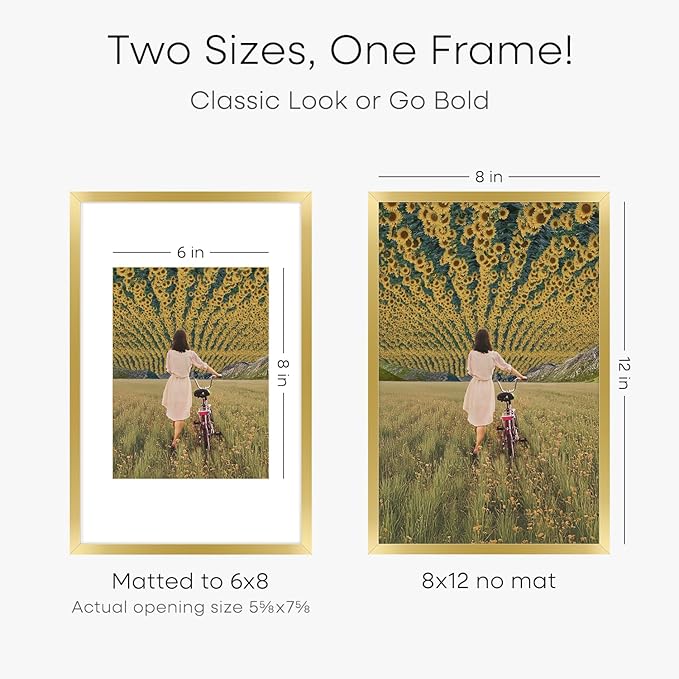 Homeforia 8x12 Picture Frame Gold, High End Metal 8 x 12 Poster Frames with Mat 6 by 8 for Photo, 12x8 Frame Matted to 6x8 inch Print, 8by12 Wall or Tabletop Frames, Tempered Glass, Wall Kit, Set of 1-Ruum Studio Home