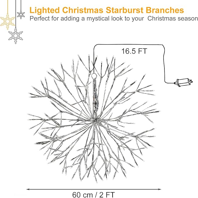 Christmas led Sparkle Ball Hanging Outdoor décorations -Haning Twig Ball,Snowflake Ornament Lights Indoor Outdoor Festive Holiday Décor 24Inch (Cool White)-Ruum Studio Home