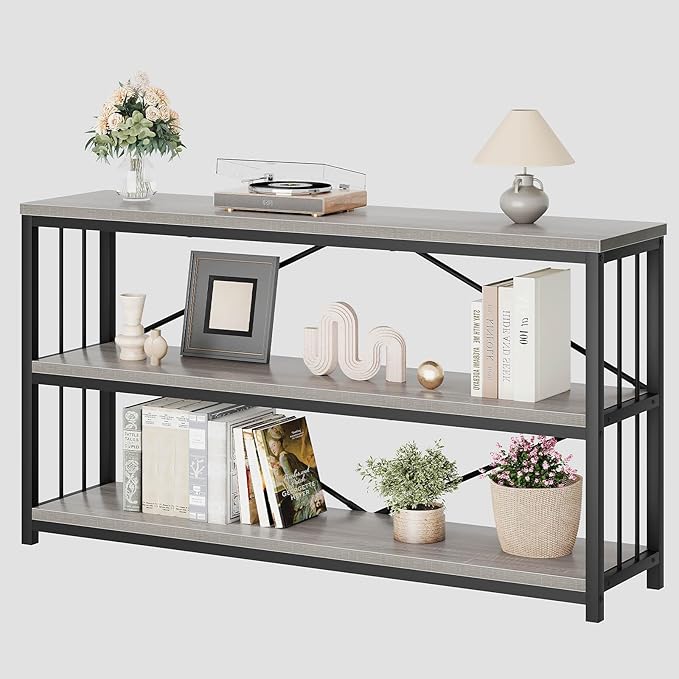 LVB Farmhouse Industrial Console Table, Wood Metal Foyer Entryway Sofa Tables with Storage, 3 Tier Long Rustic Entry Table TV Stand with Shelves for Home Living Room Hallway, Light Grey Oak, 55 Inch-Ruum Studio Home