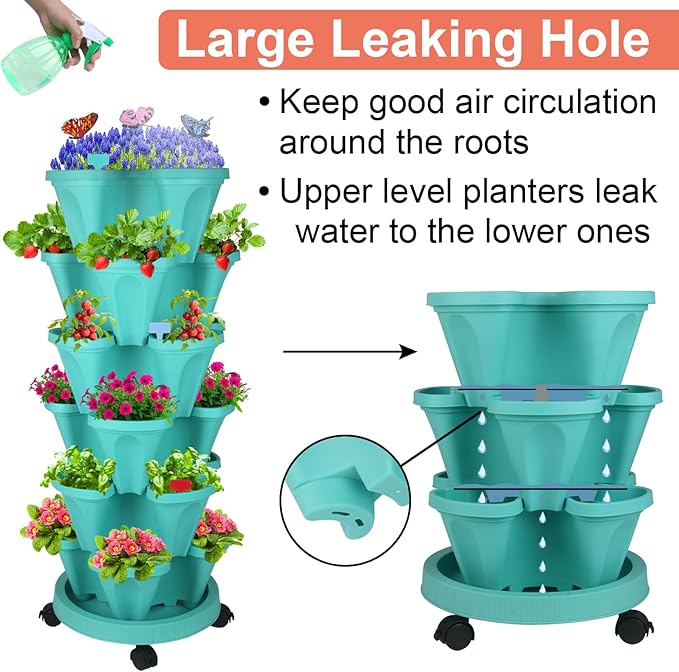 Vertical Planter, 6 Tier Stackable Strawberry Planter with Garden Tool Set, Movable Indoor/Outdoor Garden Herb Pot for Growing Vegetables and Succulents, Teal-Ruum Studio Home