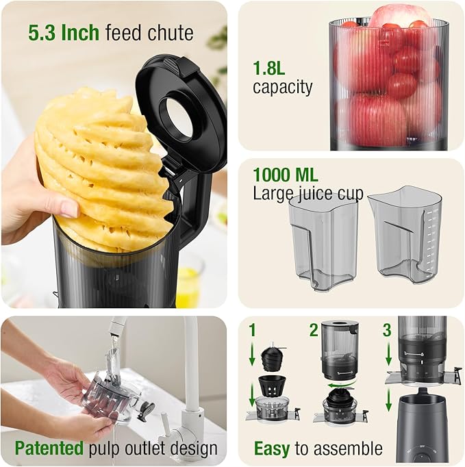 Juicer Machines, TUUMIIST Cold Press Juicer with 5.3" Extra Large Feed Chute Fit Whole Fruits & Vegetables Easy to Clean, High Juice Yield, BPA Free (Gun Grey)-Ruum Studio Home
