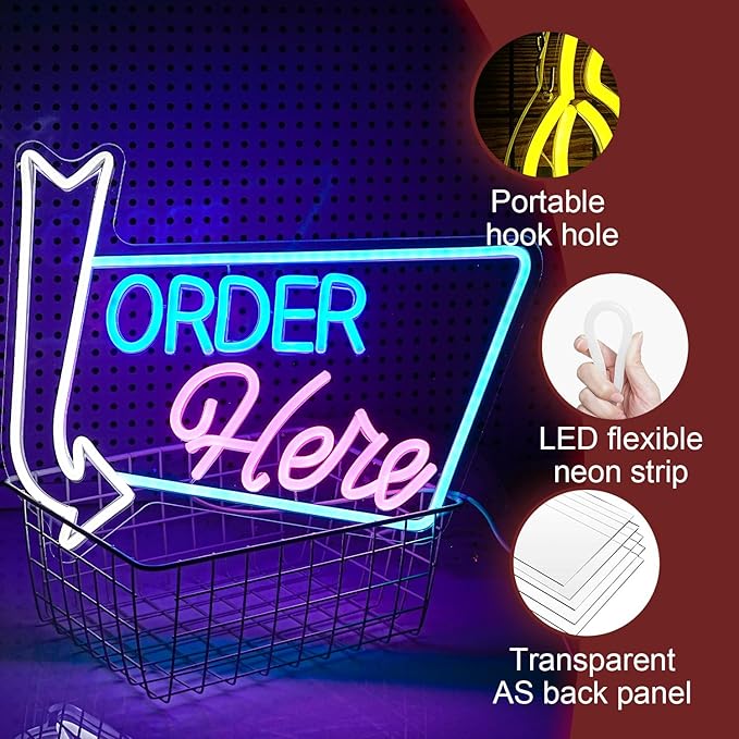 Order Here Neon Sign Led letters Sign Dimmable Order Neon Light for Wall Decor Larger Order Here Light Up Sign for Restaurant Shop Bar Business Neon Decor(16.1 * 12.6 In)-Ruum Studio Home