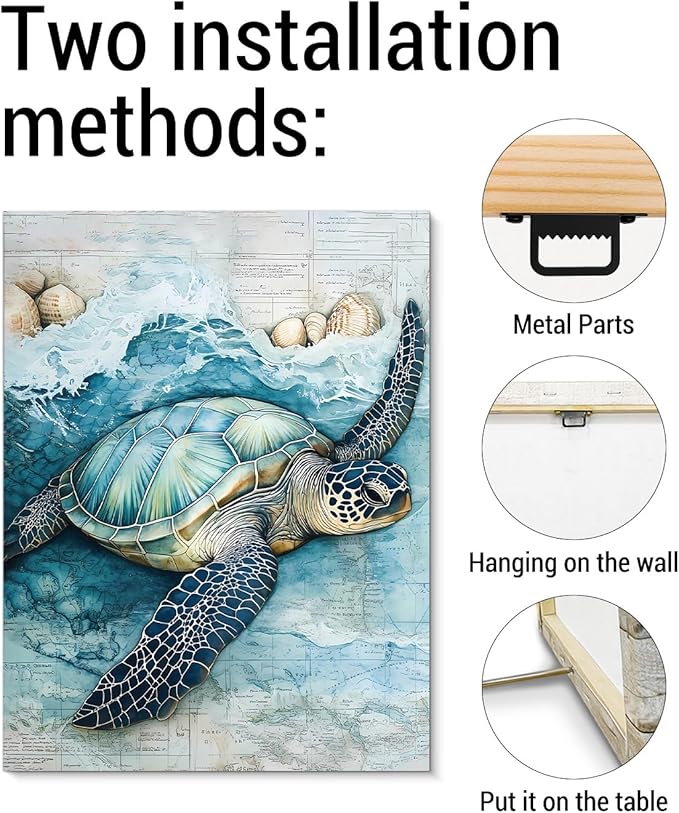 Coastal Sea Turtle Canvas Wall Art Turtle Nautical Ocean Theme Print Poster Framed Picture Painting for Home Beach House Bedroom Wall Decor 11x15 Inch-Ruum Studio Home