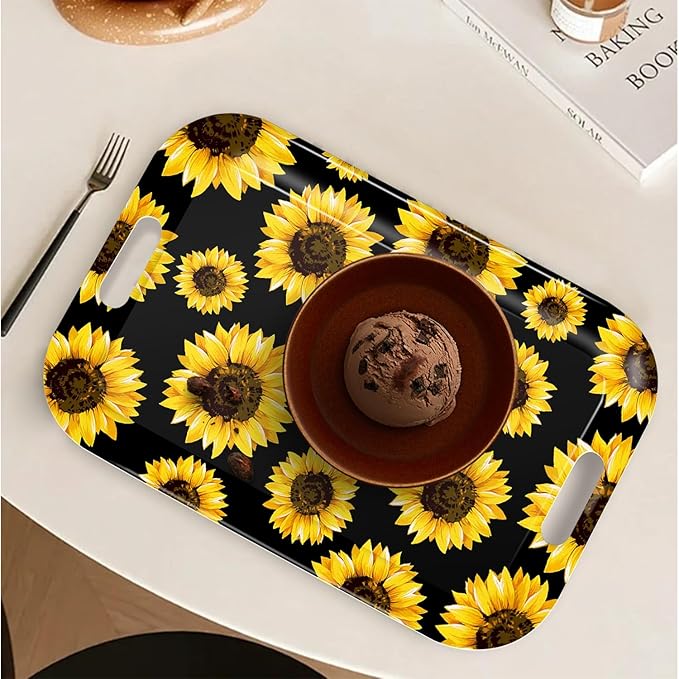 Serving Trays with Handles, 14.5 x 9.8 inch Rectangular Plastic Tray for Restaurant, Kitchen, Sunflower Black Background-Ruum Studio Home