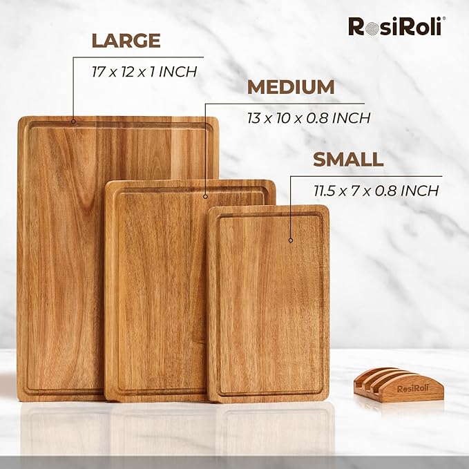 Acacia Wood Cutting Board for Kitchen, 3 Set with Holder - FSC Certified Large Wood Charcuterie Cheese Board with Handles and Juice Grooves, Wooden Chopping Block, Ideal Gift Set of 3 (S/M/L)-Ruum Studio Home