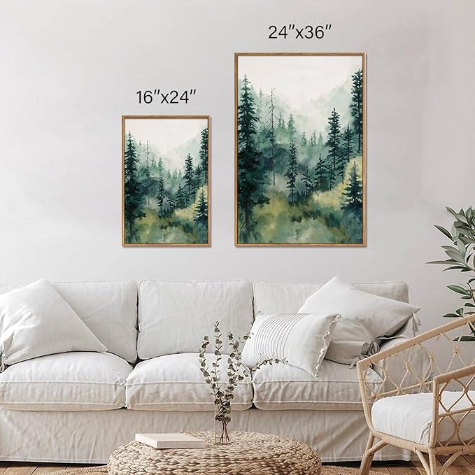 Tinonedraw Misty Forest Framed Canvas Wall Art Set, Modern Pine Trees Wall Painting, Watercolor Nature Foggy Landscape Wall Decor, Neutral Mountain ArtWork for Bedroom Living Room and Office 24"x36"x3-Ruum Studio Home