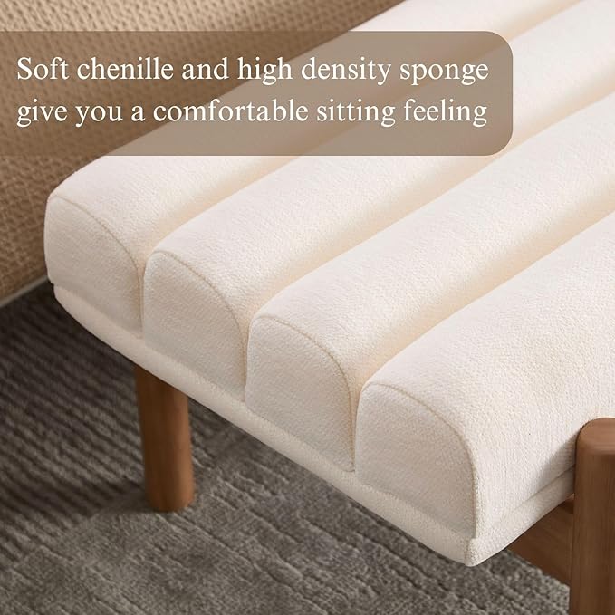 White Modern Bench Upholstered End of Bed Bench Chenille Fabric Bedroom Bench for Entryway Living Room Vanity Makeup Room, 47" Long, Wooden Legs-Ruum Studio Home