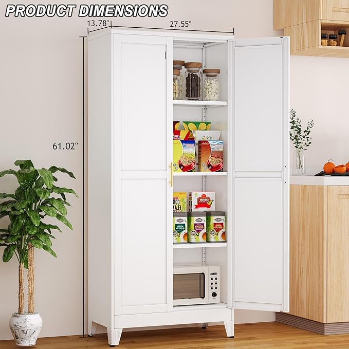Metal Pantry Cabinet with 2 Doors and Adjustable Shelves - 61" Kitchen Storage Cabinet with Gold Handles - Versatile Storage for Kitchen, Bathroom, Dining Room, Utility Room - White-Ruum Studio Home