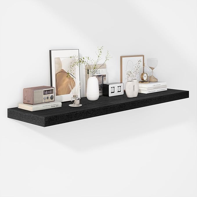 Fun Memories Floating Shelves - 12 Inch Rustic Wooden Wall Shelves - Extra Deeper & Thicker Wall Mounted Storage Shelf for Living Room, Kitchen, Farmhouse - 48" W x 12" D x 1.8" H - Rustic Black-Ruum Studio Home