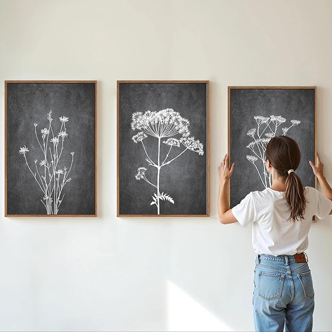 Tinonedraw Black and White Botanical Framed Canvas Wall Art Set, Vintage Floral Wall Decor, Dark Academia Minimalist Plant Art Paintings, Abstract Wildflower Art Print for Living Room Bedroom 16"x24"x3-Ruum Studio Home