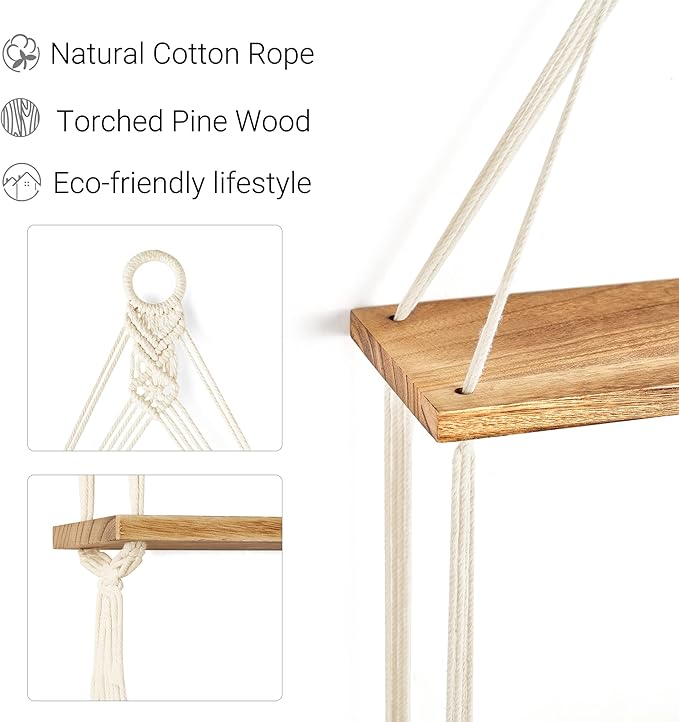 Mkono Macrame Hanging Shelf Boho Wall Decor 2 Tier Handmade Cotton Rope Rustic Wood Floating Shelves Display Photos Plants Hanging Storage Shelving for Living Room Nursery Bathroom Bedroom-Ruum Studio Home