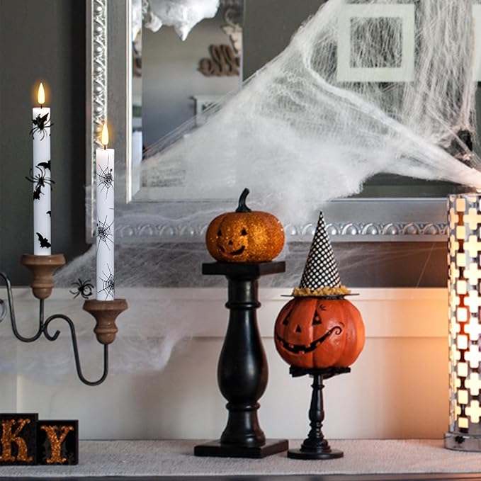 GenSwin Flameless Taper Candles with Remote Timer, 6Pcs LED Flickering Taper Candles Battery Operated Real Wax with Spider Webs/Skull/Bats Decals for Halloween Spooky Decoration (White, 0.78”x9.65”)-Ruum Studio Home