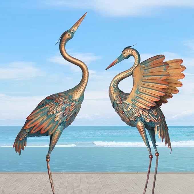 33-37 Inch Metal Crane Garden Statue Décor, Bird Heron Garden Sculpture & Statues, Outdoor Decoration for Yard Pond Lawn Backyard Pool, Vintage Spread Wings Crane, Set of 2 Copper…-Ruum Studio Home