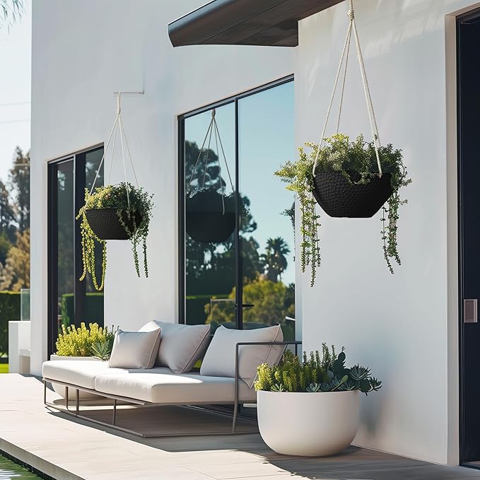 LA JOLIE MUSE Hanging Planters for Outdoor Plants, Large Hanging Planter with Drain Holes, Outdoor Hanging Flower Pots, Matte Black, Honeycomb (13.2 Inch, Set of 2)-Ruum Studio Home