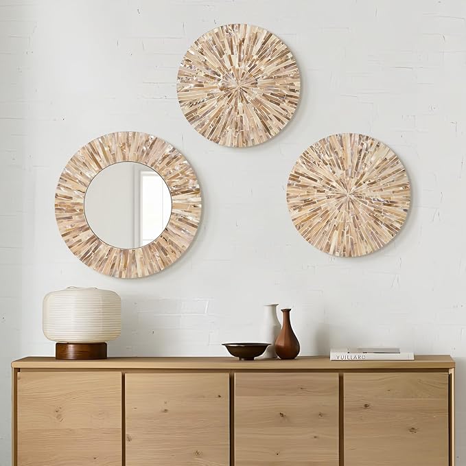 TEIPAI Boho Decorative Mirror for Living Room, 3PCS Handcrafted Mother of Pearl Mirror Wall Decor for Home Dorm Apartment Hallway Staircase, Mosaic Art Plates for Wedding Decoration (Dark Brown)-Ruum Studio Home