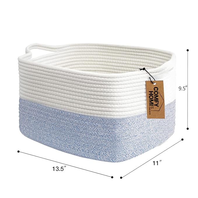 COMFY-HOMI Cotton Rope Woven Basket with Handles for shelf，Toy, Book, Cloth Storage Basket for Organizing-13.5"X11"X9.5" Storage Bin for Living Room, Newborn or Infant Gift for boy girl （White/blue）-Ruum Studio Home