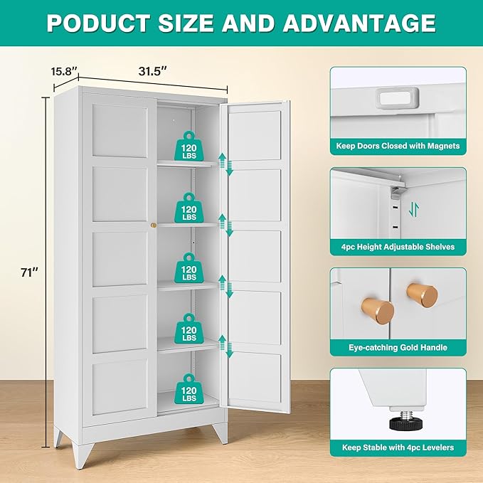Metal Storages Cabinet with 2 Doors and 5 Shelves,Tall Storage Cabinet,Large Cupboard Closet,Pantry Storage Cabinet for Home,Office,Bathroom,Dining/Living Room (White, 71" H)-Ruum Studio Home