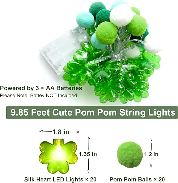 9.85Ft St Patricks Day Lights Garland 20 Pompoms 20 LEDs Green Lucky Clover Lights Shamrock String Lights with Timer for Indoor Bedroom Party Bar Garden St. Patrick's Day Decoration Green Irish Decor-Ruum Studio Home