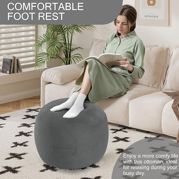 MeMoreCool Round Stuffed Pouf Ottoman Foot Rest, Floor Pouf Foot Stool with Soft Foam Chunk Filling, Small Round Ottoman Footstool Circle Footrest for Living Room, Dark Grey-Ruum Studio Home