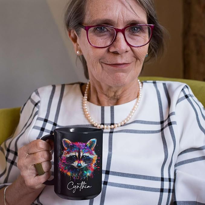 Colorful Raccoon Black Mug, Custom Choose Name Raccoon Coffee Cup, Gift For Men Women, Personalized Animal Lover Ceramic Mug, Customized Animal Design Cup 11oz 15oz-Ruum Studio Home