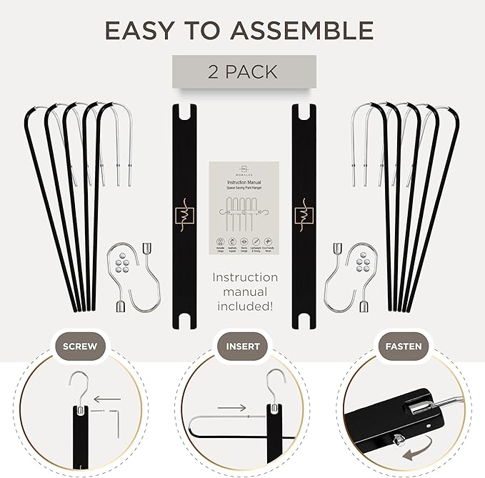MORALVE Pants Hangers Space Saving - 2 Pack European Beechwood Scarf and Jean Hangers - Closet Organizer and Space Saver Pant Rack, Leggings Hanger, and Scarf Holder with 360° Swivel Hook-Ruum Studio Home