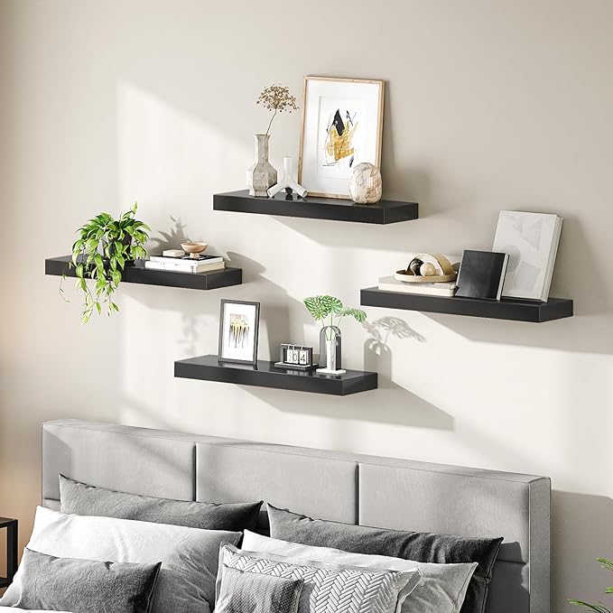 HOOBRO Floating Shelves for Wall, Wall Mounted Shelf Set of 2, 23.6" Hanging Shelf with Invisible Brackets, for Wall in Bathroom, Bedroom, Toilet, Kitchen, Living Room, Office, Black BK60BJ01-Ruum Studio Home