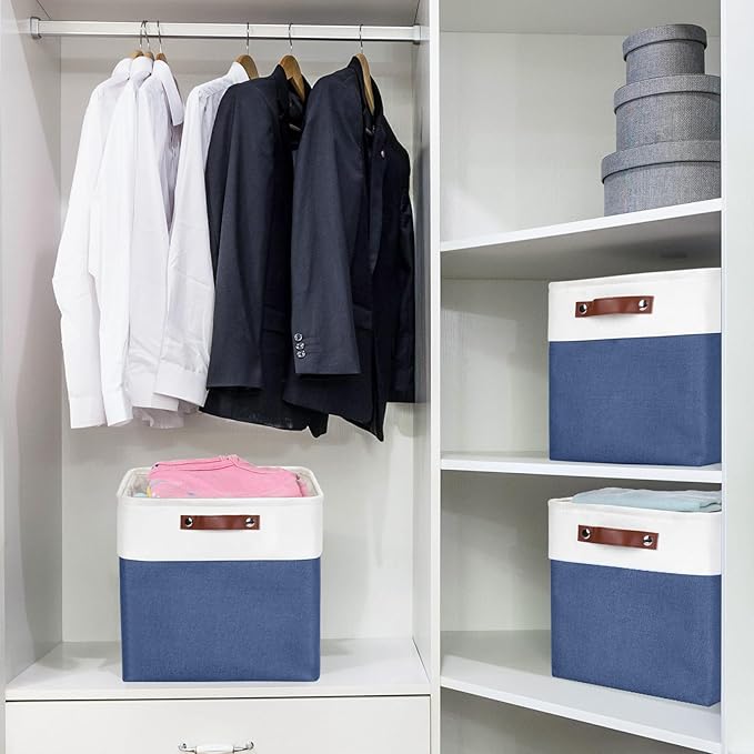 13x13 Cube Storage Bins, Collapsible Fabric Storage Box, 4 Pack Closet Baskets with Handles for Organizing, Shelf, Toys, Clothes, Home, Office, Nursery (NavyBlue&White)-Ruum Studio Home