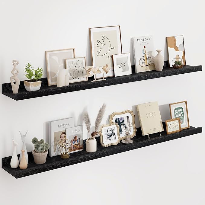 Floating Picture Ledge Shelves 55 Inch Solid Oak Wood Set of 2, Rustic Wall Storage Shelves with Lip, Kids Bookshelf, Photo & Picture Ledge Shelves for Bedroom, Living Room, Kitchen-Ruum Studio Home