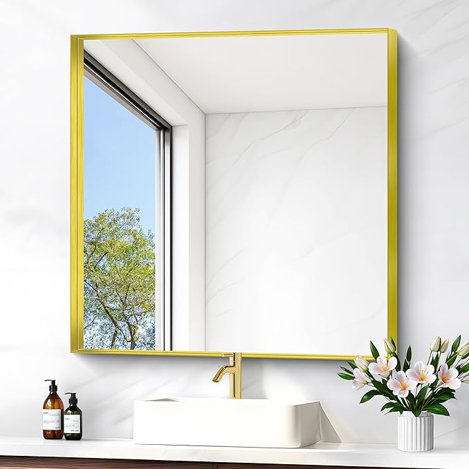 Gold Bathroom Mirror, 30x30 Inch Rectangular Framed Mirror, Large Wall Mounted Bathroom Vanity Mirror Over Sink for Bedroom,Restroom, Living Room, Hangs Vertically or Horizontally-Ruum Studio Home