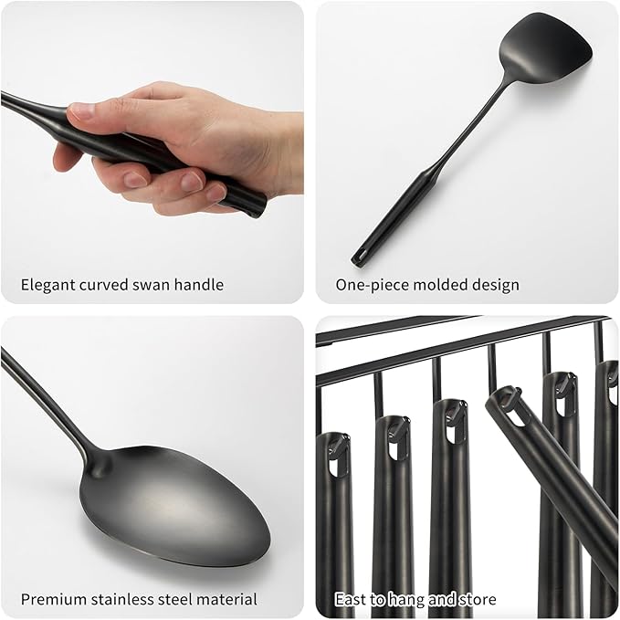304 Stainlss Steel Matte Kitchen Utensils Set, 11 Pcs Long Metal Cooking Utensil Gadgets Tools Set with Spatula, Ladle, Spoon, Ladle, Skimmer, Tunner, Pasta Server, Tongs(Black, Dishwasher Safe)-Ruum Studio Home