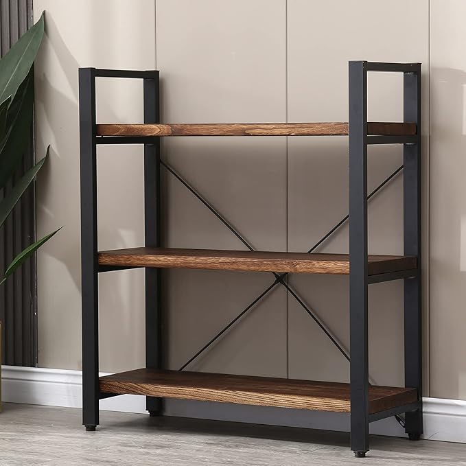 Natural Real Solid Wood Bookcase,3 Tier Metal and Wood Open Book Shelf Storage Farmhouse Wide Etagere Bookcase for Office Living Bedroom-Ruum Studio Home