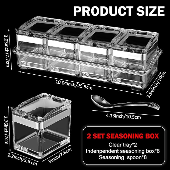2 Set Acrylic Seasoning Organizer Box 8 Pcs Clear Seasoning Rack Spice Pots Condiments Containers with Lids and Spoons Storage Container Spice Jar for Salt Sugar Cruet Kitchen Cooking Organizer-Ruum Studio Home