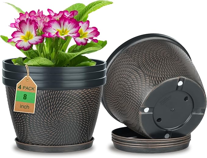 Quarut 4 Pack 8 Inch Flower Pots for Outdoor Indoor, Plastic Plant Pots with Drainage Hole & Saucer, Lightweight Small Flower Pot, Circle Pattern Planters for Garden House planters（Black Copper）-Ruum Studio Home