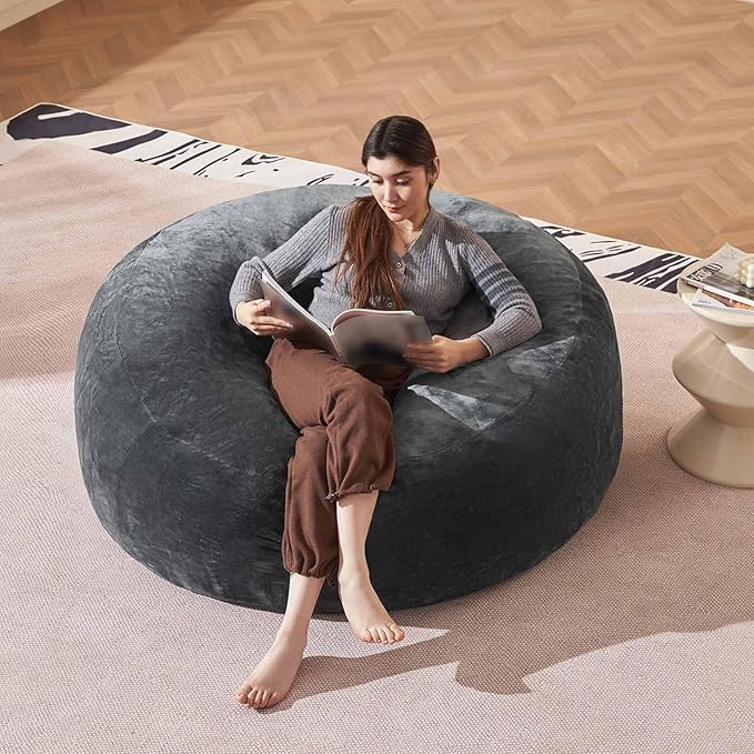 Bean Bag Chair 4Ft, Memory Foam Filled, Large Beanbag Chairs for Adults and Teens, Soft Sofa with Removable Flannel Cover, Round Couch for Living Room Bedroom College Dorm (Dark Gray, 4FT-47×47"×24")-Ruum Studio Home