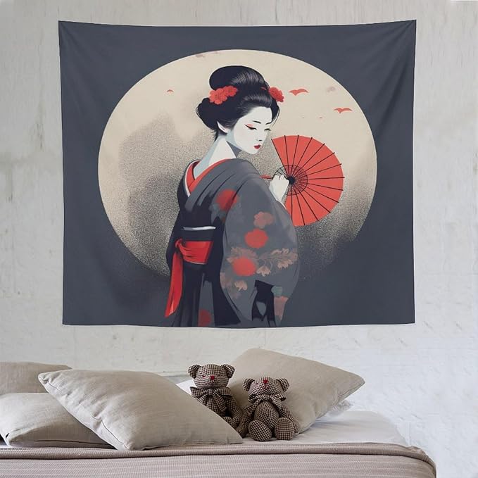 Japanese Woman Geisha Tapestry Asian Red Cherry Blossom Red Sun Traditional Kimono Folk Tapestries Home Decor for Living Room Bedroom Apartment Farmhouse Dorm 60"x50"-Ruum Studio Home