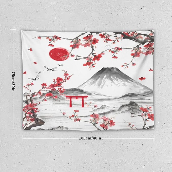 Red Cherry Blossoms Tapestry, Japanese Fuji Mountain Tapestry, Asian Japanese Wall Tapestry, Nature Landscape Tapestries for Bedroom Living Room Decor 40"x30"-Ruum Studio Home