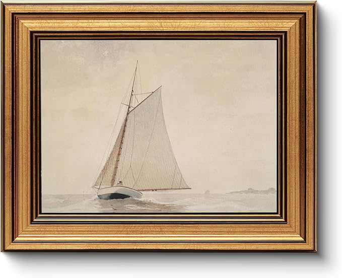 Gold Framed Vintage Wall Art for Living Room, Seaview Painting Prints Shelf Decor for Kitchen, Aesthetic Bedroom Wall Art, Christmas Gifts for Friends or Family (White Sailboat - 8"x10")-Ruum Studio Home