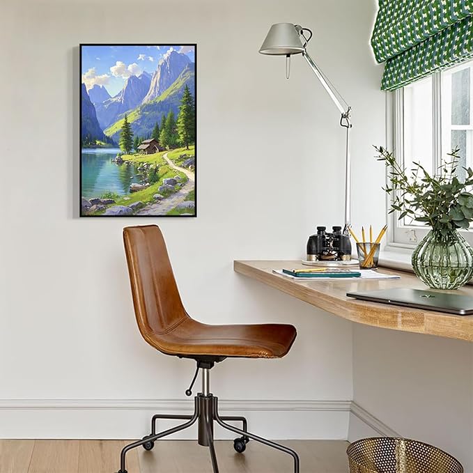 Landscape wall painting of mountain forest lakeside cabin under blue sky and white clouds natural oil painting poster suitable for living room bedroom office-Ruum Studio Home
