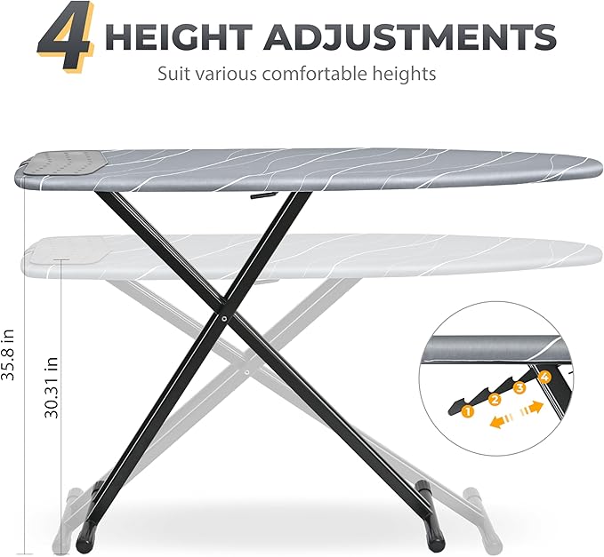 APEXCHASER Ironing Board with Silicon Iron Rest, Heavy-Duty Legs and Heat Resistant Cover, 13x53 inch, Black-Ruum Studio Home
