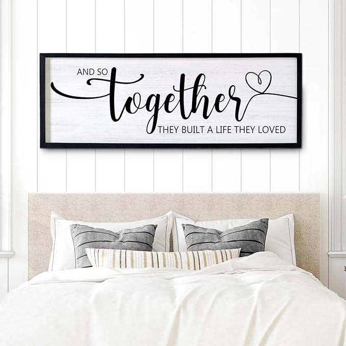 And So Together They Built A Life They Loved Decorative Rustic Sign & Plaque Framed Wall Art for Couples, 40''×15' Vintage 'Wooden Long Wall Decor Above Bed, Horizontal Farmhouse Wedding Gift-Ruum Studio Home