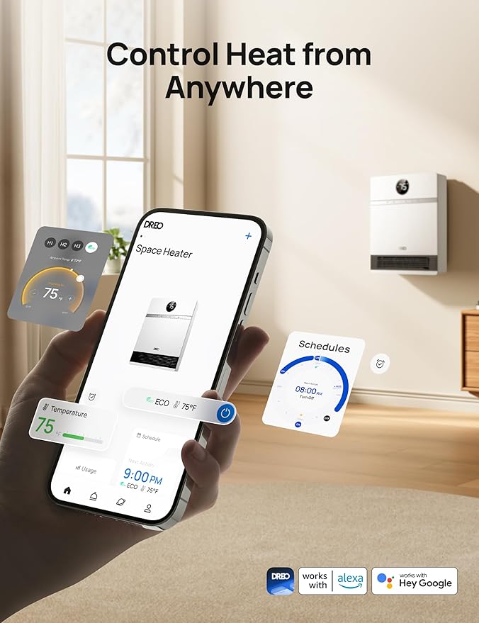 Dreo Smart Wall Heater, IP24 Electric Space Heater with ALCI Plug for Indoor Use, 30° Oscillation, Adjustable Thermostat, Remote Control, Works with Alexa, 24H Timer, Easy-mounted Heater for Bathroom-Ruum Studio Home