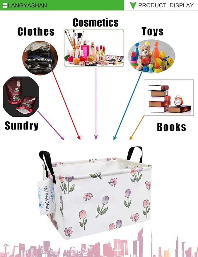 LANGYASHAN Rectangular Storage Bin Collapse Canvas Fabric Cartoon Storage Basket with Handles for Organizing Home Kitchen Boys and Girls Toys Office Closet Shelf Baskets (Rec Romantic Tulip)-Ruum Studio Home
