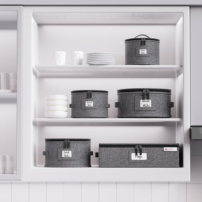 YearningHome China Storage Containers,Hard Shell Box with Felt Dividers for Dishes,Dinnerware,Plates,Mugs,Wine and Glasses,Mugs,Stackable Fine China Storage for Moving and Packing 5 Piece,Grey-Ruum Studio Home