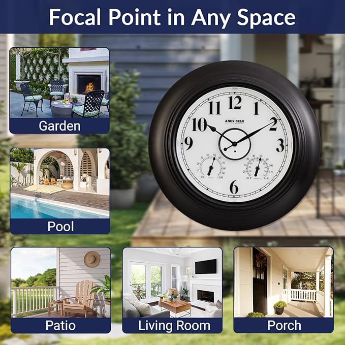 Andy Star 21 Inch Large Illuminated Outdoor Wall Clock Waterproof with Thermometer and Hygrometer, Oversized Battery Wall Clock for Patio Pool, Oil Rubbed Bronze Silent Non Ticking Clock for Garden-Ruum Studio Home