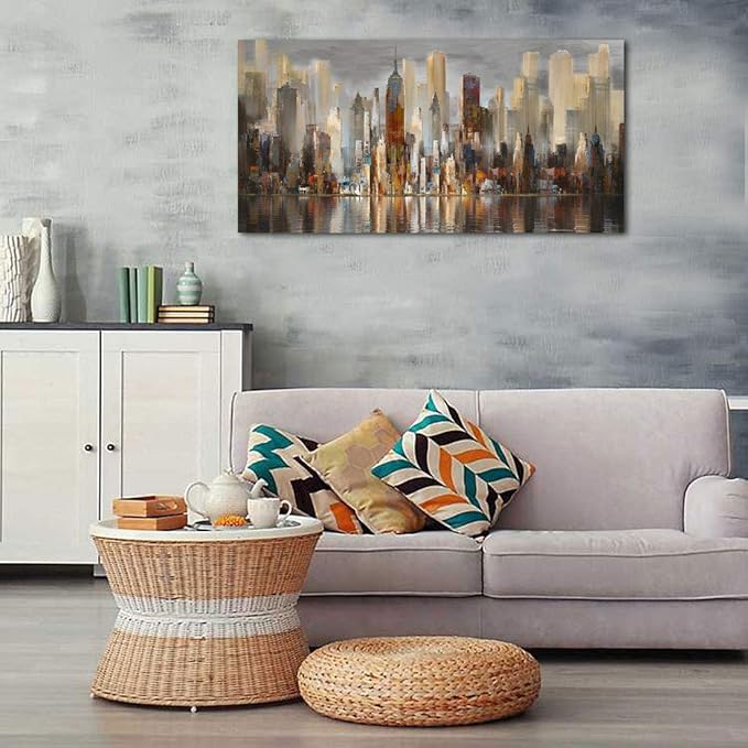 Wall Decorations Framed Large Cityscape New York Wall Decor Canvas Prints Abstract Brown City Theme Paintings Modern Canvas Wall Art for Living Room Bedroom Big Size 29x58-Ruum Studio Home