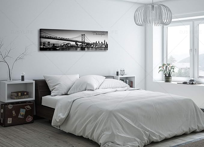 DJSYLIFE- Philadelphia Skyline Wall Art,Black and White Stretched Canvas Wall Art Prints for Bedroom or Office Decoration, Ready to Hang 13.8"x47.3"-Ruum Studio Home
