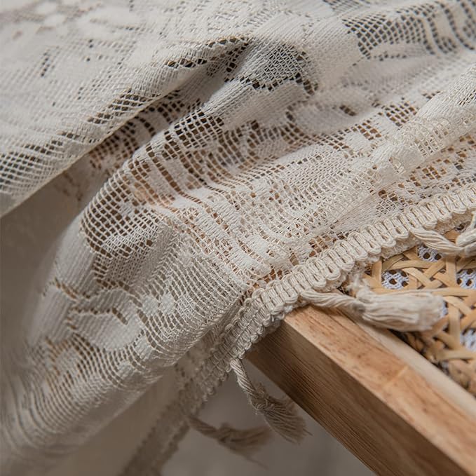 Sutuo Home Boho Kitchen Curtains Crochet Florals Embroidery, Bohemian Sheer Lace Curtains Handmade Knitted Tassels Vintage Chic Farmhouse Drape for Nursery Bedroom Rod Pocket 1 Panel 59" W x 63" L-Ruum Studio Home