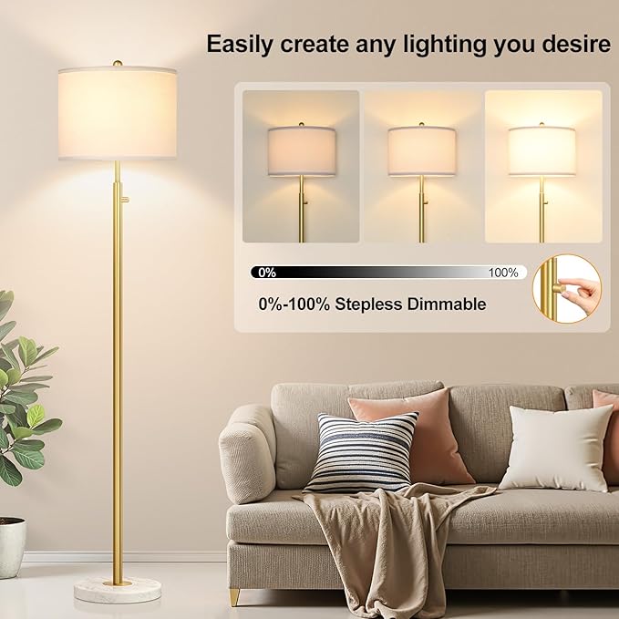【Upgraded】Dimmable Gold Floor Lamps for Living Room, 11W LED Bulb Included, Modern Standing Lamp with Marble Base, Tall Pole Light with White Linen Shade for Bedroom Reading Office Corner Nursery-Ruum Studio Home