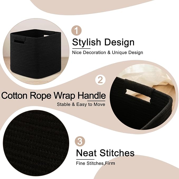 OIAHOMY Storage Cubes 11 Inch Storage Bins-3-Pack, Cotton Rope Woven Baskets for Organizing, Square Storage Baskets for Shelves Organizer, Classroom, Kids Toy Bins, Closet, Baby Nursery-Black-Ruum Studio Home